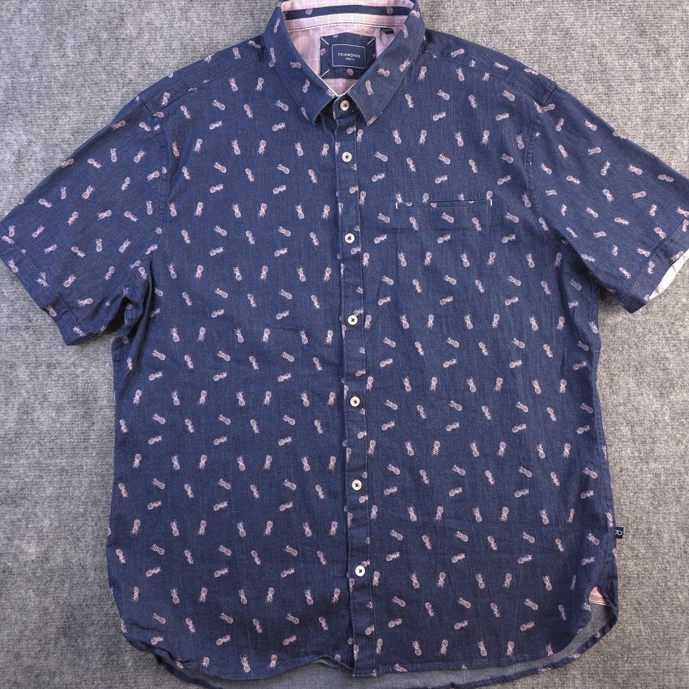 7 Diamonds Stretch‎ Shirt XL Blue Pineapple Geometric Short Sleeve Button Up